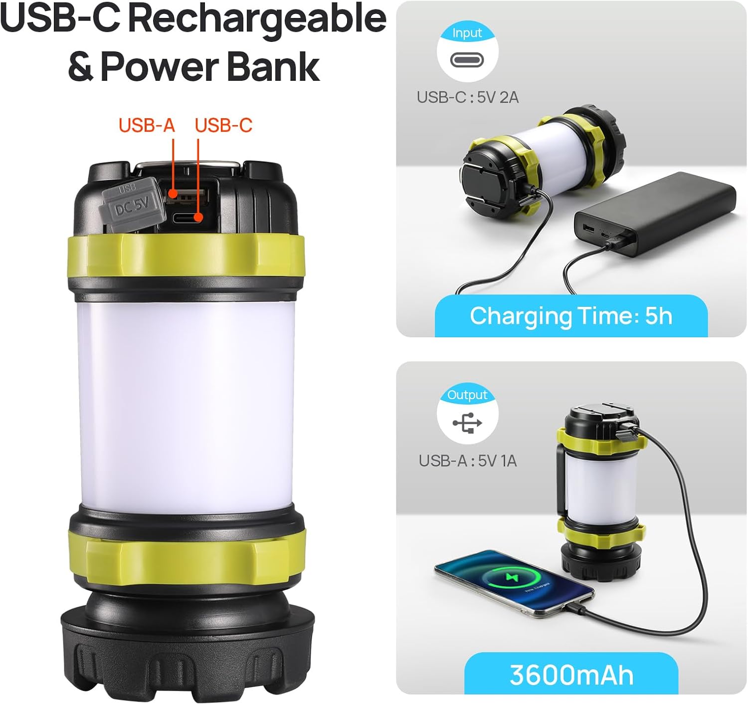 2 Pack LED Camping Lantern Flashlight Rechargeable, Consciot Portable Torch with 6 Light Modes, 3600mAh Power Bank, IPX4 Waterproof, USB C, Camping Lights for Hurricane, Emergency, Survival Kits - Image 4