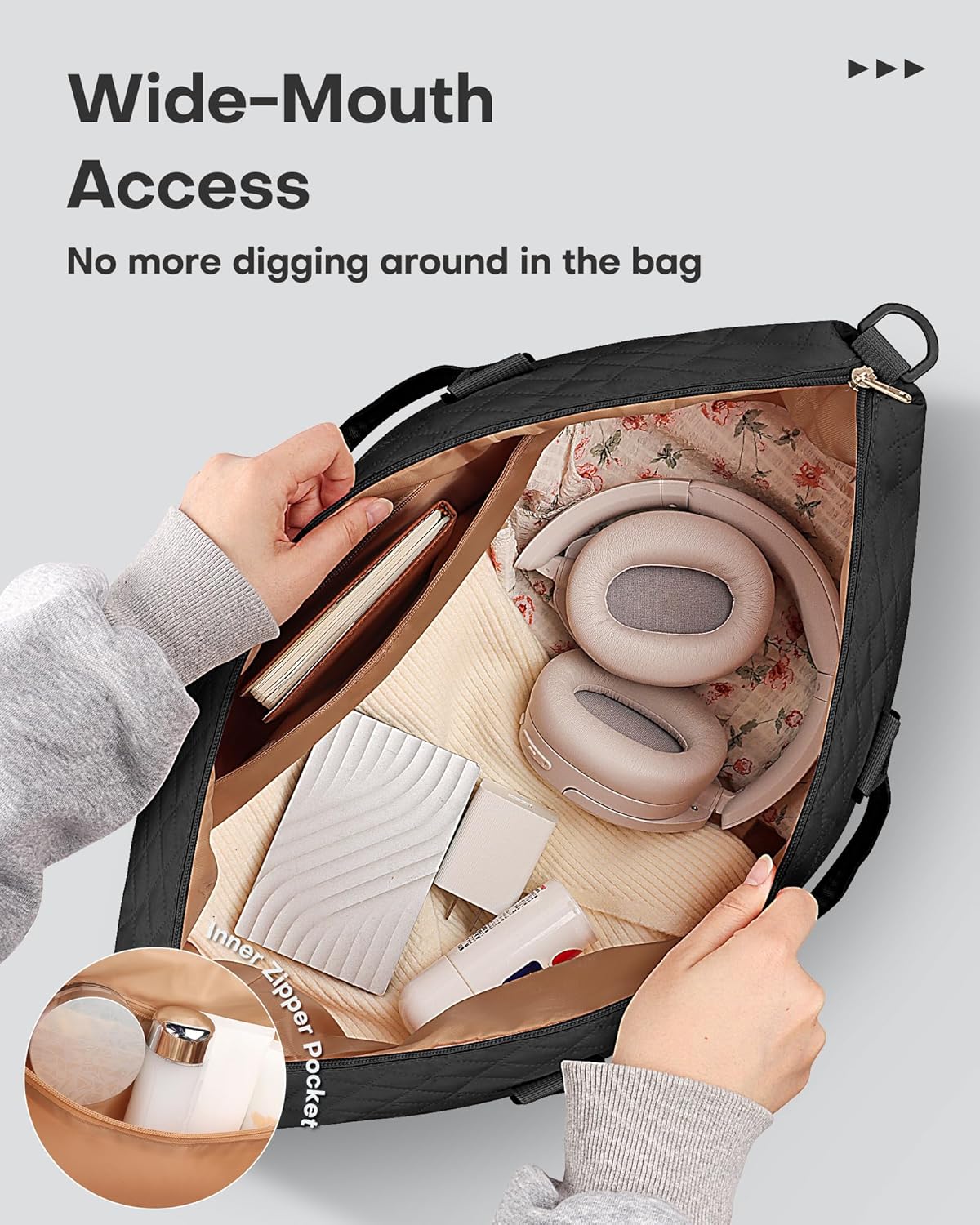 Travel Duffel Bag - Weekender Bags for Women, Carry On Overnight Bag with Shoe Compartment, with Toiletry Bag for Travel Essentials and Travel Accessories, Black, 13.4"×17.3"×7.9" - Image 5