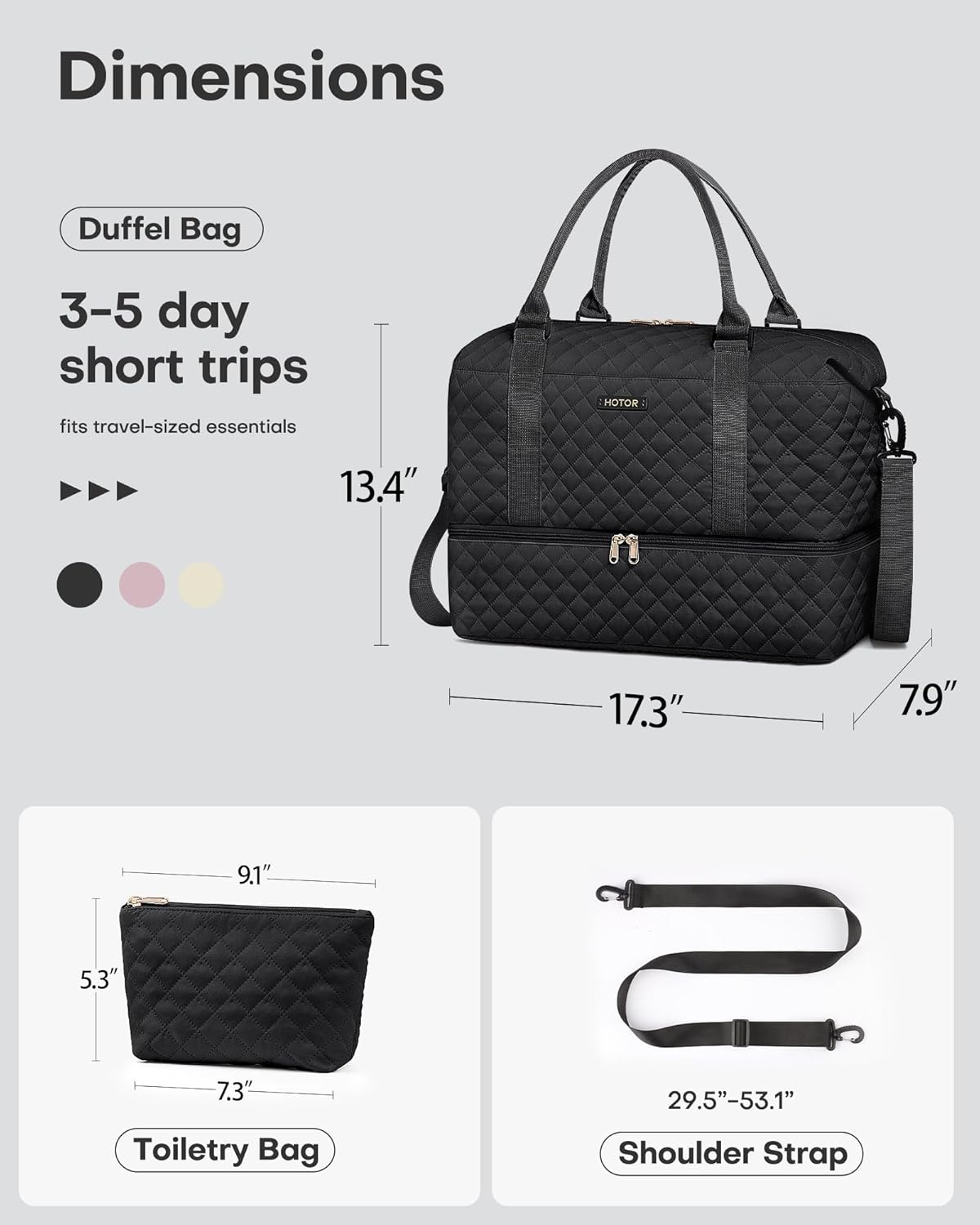 Travel Duffel Bag - Weekender Bags for Women, Carry On Overnight Bag with Shoe Compartment, with Toiletry Bag for Travel Essentials and Travel Accessories, Black, 13.4"×17.3"×7.9" - Image 7